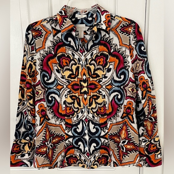 Chico's No Iron 100% Cotton Top Blouse Button Front Long Sleeve Small Abstract - Picture 1 of 13